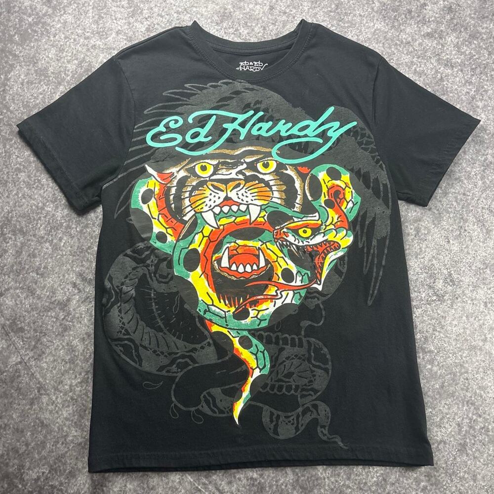 Ed Hardy Tiger Snake Graphic T-Shirt Mens Small Black Y2K Tattoo Streetwear - Picture 3 of 8